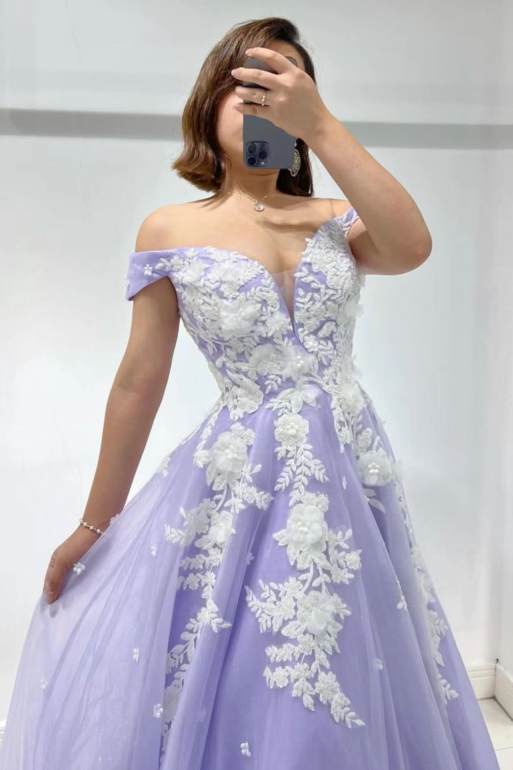 Amazing Lilac Sweetheart Off-The-Shoulder Tulle Evening Dress with Appliques BM bride