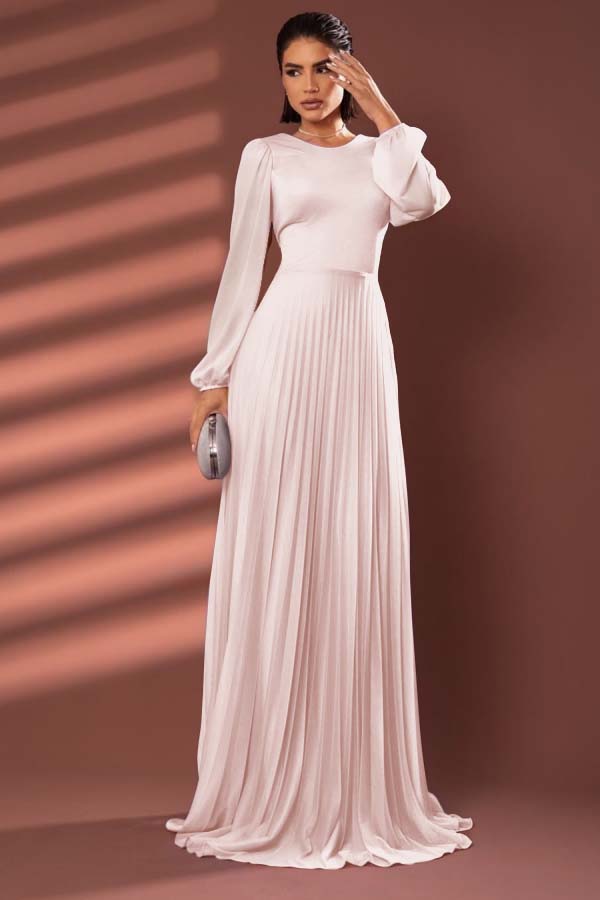 Chiffon Jewel Neck Long Sleeves Long Prom Dress With Pleated BMBRIDE