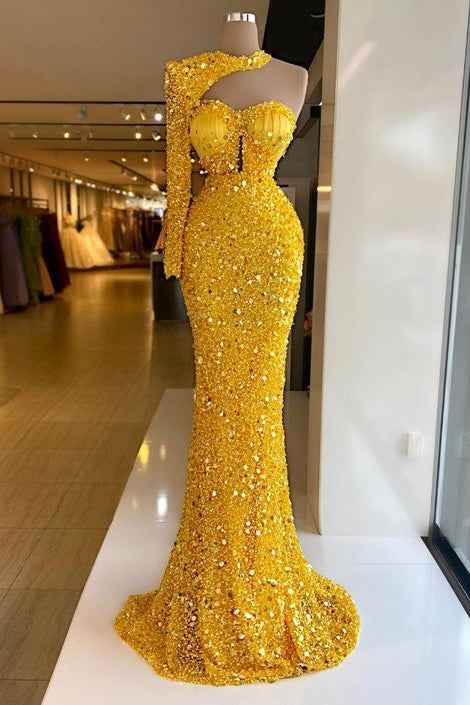 One Shoulder Yellow Halter Long Sleeve Sweetheart Mermaid Prom Dress With Sequins