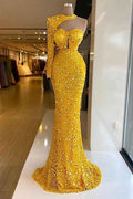 One Shoulder Yellow Halter Long Sleeve Sweetheart Mermaid Prom Dress With Sequins