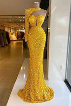 One Shoulder Yellow Halter Long Sleeve Sweetheart Mermaid Prom Dress With Sequins