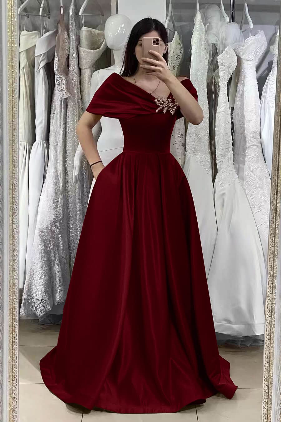 Gorgeous Fuchsia Off-The-Shoulder A-Line Prom Dress with Beadings Online BM bride