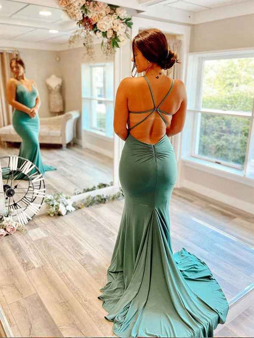 Green Mermaid Spaghetti Straps V-Neck Satin Long Prom Dress BMBRIDE