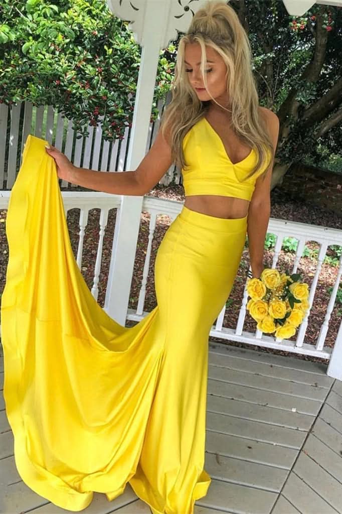 Two-Piece Yellow Mermaid Prom Dress BM bride