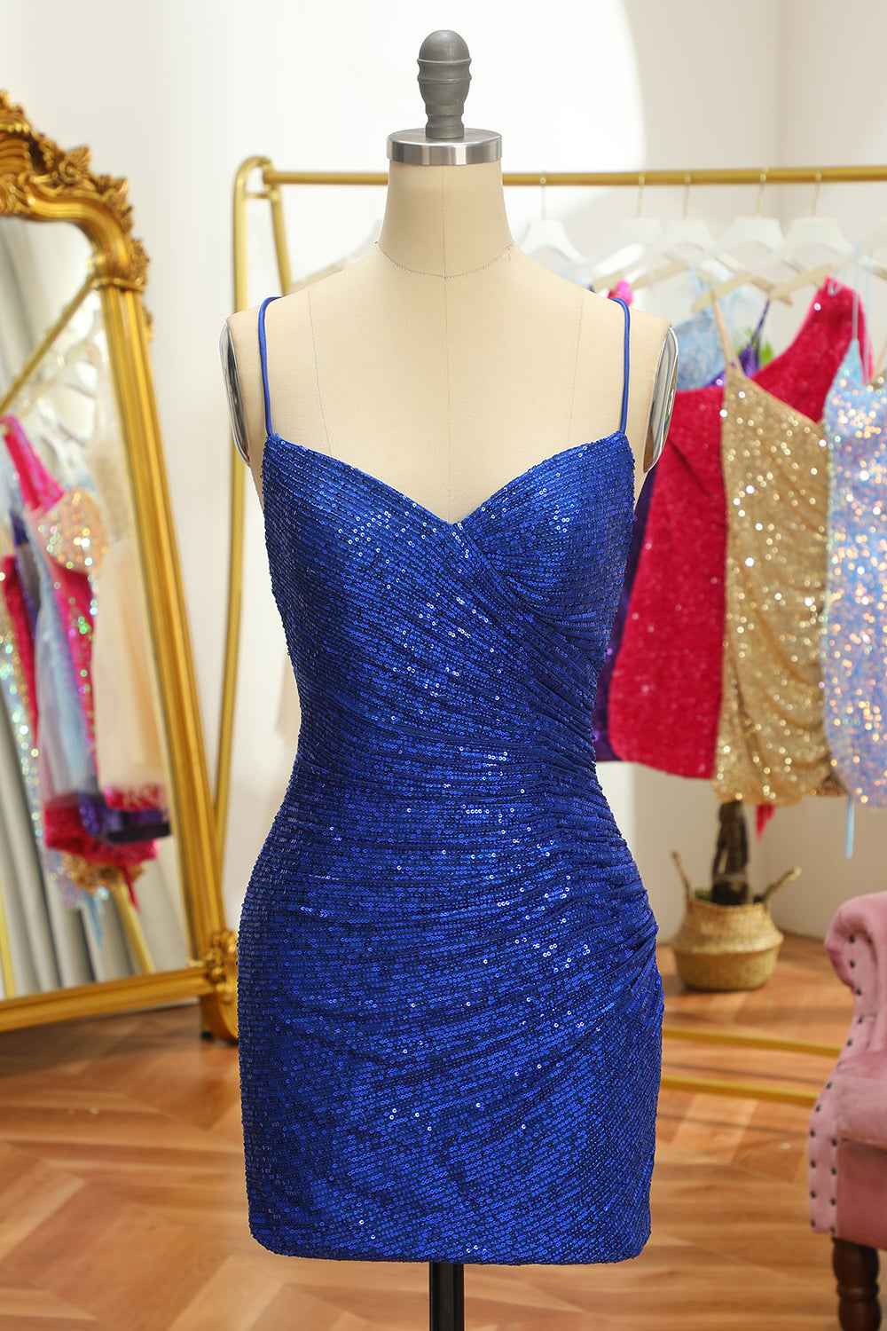 Blue Sequins Tight Backless Short Homecoming Dress Bmbride