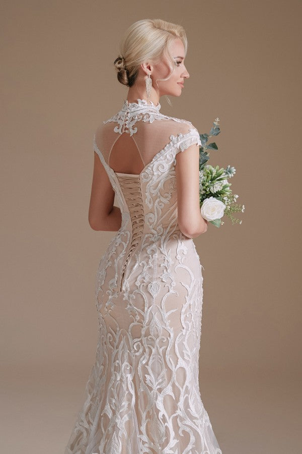 Sleeveless Mermaid Wedding Dress High-neck Lace With Sleeves BM bride