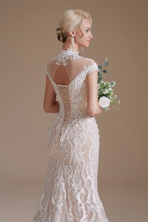 Sleeveless Mermaid Wedding Dress High-neck Lace With Sleeves BM bride