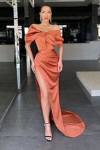 Burnt Orange Off-the-Shoulder Mermaid Prom Dress with Split BM bride
