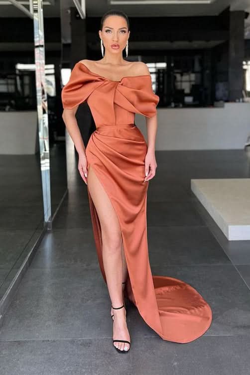 Burnt Orange Off-the-Shoulder Mermaid Prom Dress with Split BM bride