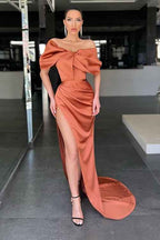 Mermaid Off the Shoulder Strapless Burnt Orange Prom Dress With High Split