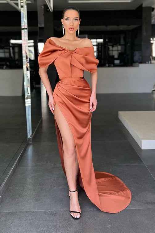 Mermaid Off the Shoulder Strapless Burnt Orange Prom Dress With High Split