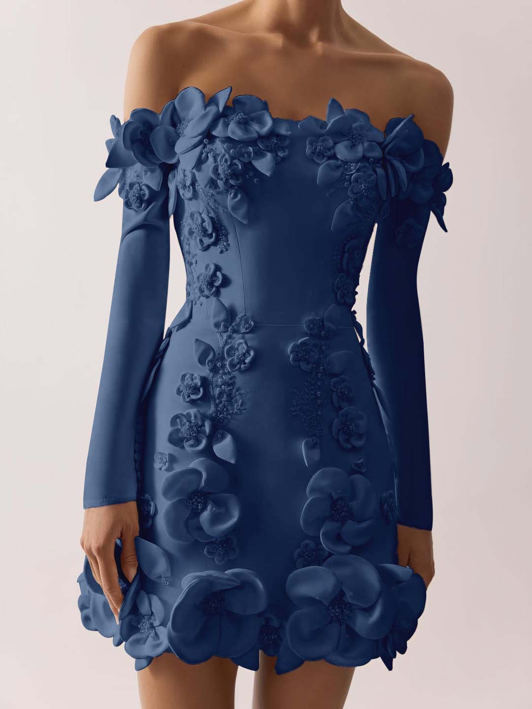 Off the Shoulder Long Sleeves Short Prom Dress With Appliques BMBRIDE