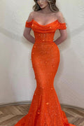 Orange Off the Shoulder Strapless Sleeveless Prom Dress With Sequins Mermaid BMBRIDE