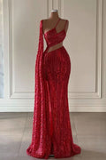 Burgundy Sequined Mermaid Prom Dress with Split and Long Ruffles BM bride