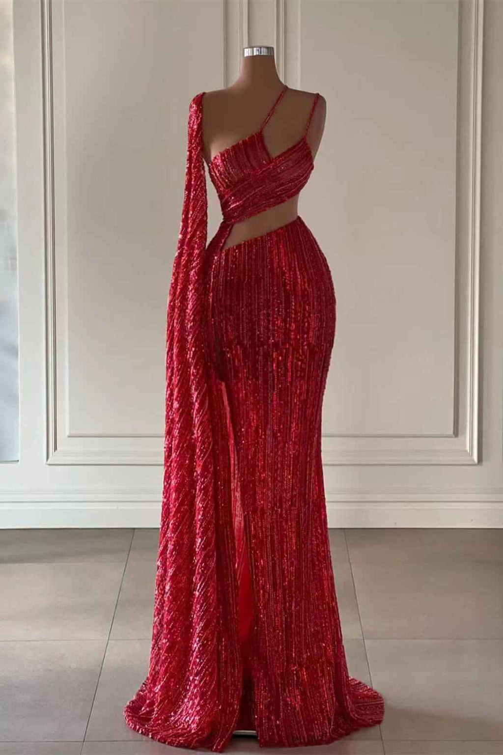 Burgundy One Shoulder Mermaid Prom Dress With Long Ruffles Sequins Split