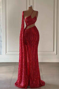 Burgundy One Shoulder Mermaid Prom Dress With Long Ruffles Sequins Split