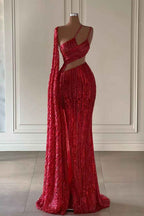 Burgundy One Shoulder Mermaid Prom Dress With Long Ruffles Sequins Split