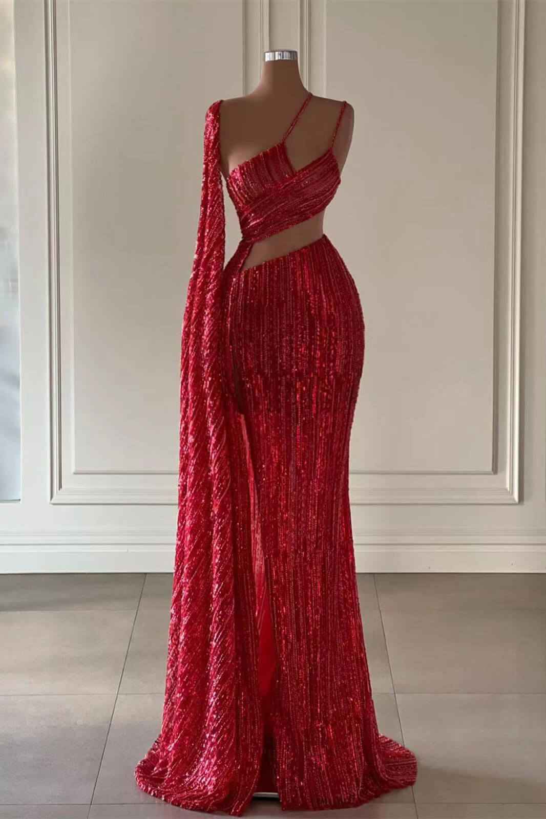 Burgundy One Shoulder Mermaid Prom Dress With Long Ruffles Sequins Split