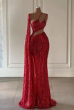 Burgundy Sequined Mermaid Prom Dress with Split and Long Ruffles BM bride