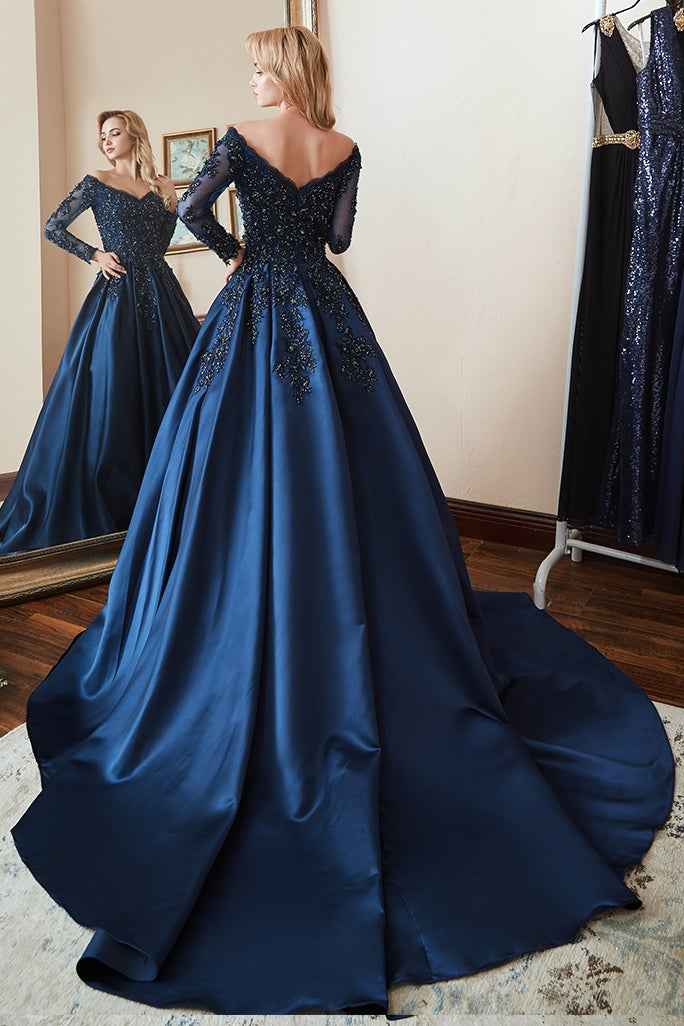 Long Sleeves Off the Shoulder Beadings Prom Dress Navy Lace With Appliques