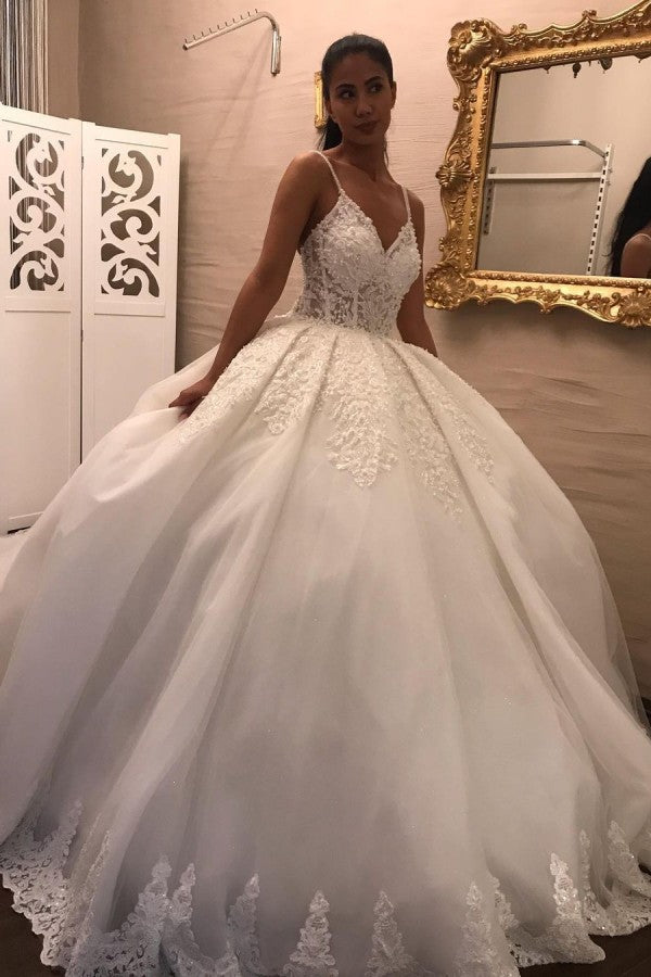 Spaghetti Strap V-Neck Floor-Length Ball Gown Wedding Dress with Lace and Tulle Appliques BM bride
