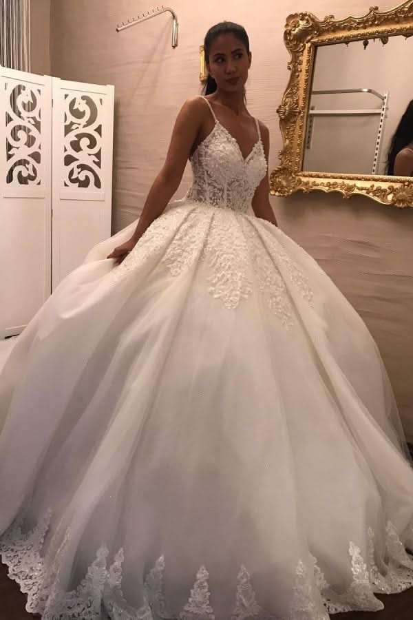 Spaghetti Strap V-Neck Floor-Length Ball Gown Wedding Dress with Lace and Tulle Appliques BM bride