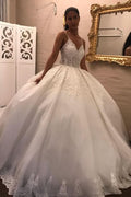 Spaghetti Strap V-Neck Floor-Length Ball Gown Wedding Dress with Lace and Tulle Appliques BM bride