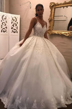 Spaghetti Strap V-Neck Floor-Length Ball Gown Wedding Dress with Lace and Tulle Appliques BM bride