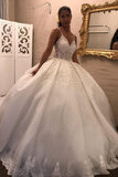Spaghetti Strap V-Neck Floor-Length Ball Gown Wedding Dress with Lace and Tulle Appliques BM bride