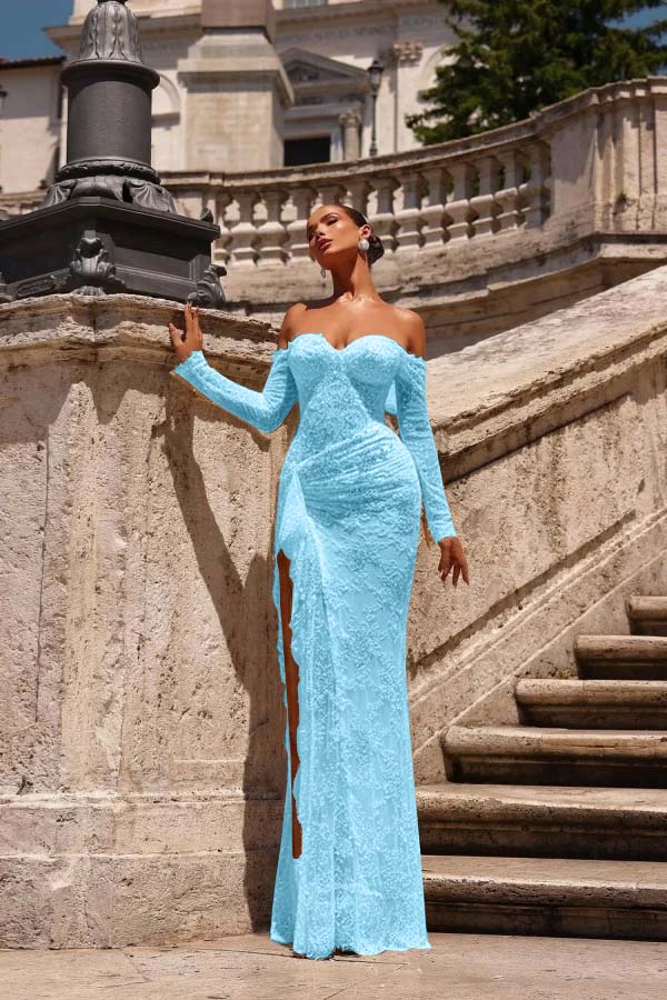 Off the Shoulder Long Sleeves Long Mermaid Prom Dress With Lace Appliques BMBRIDE