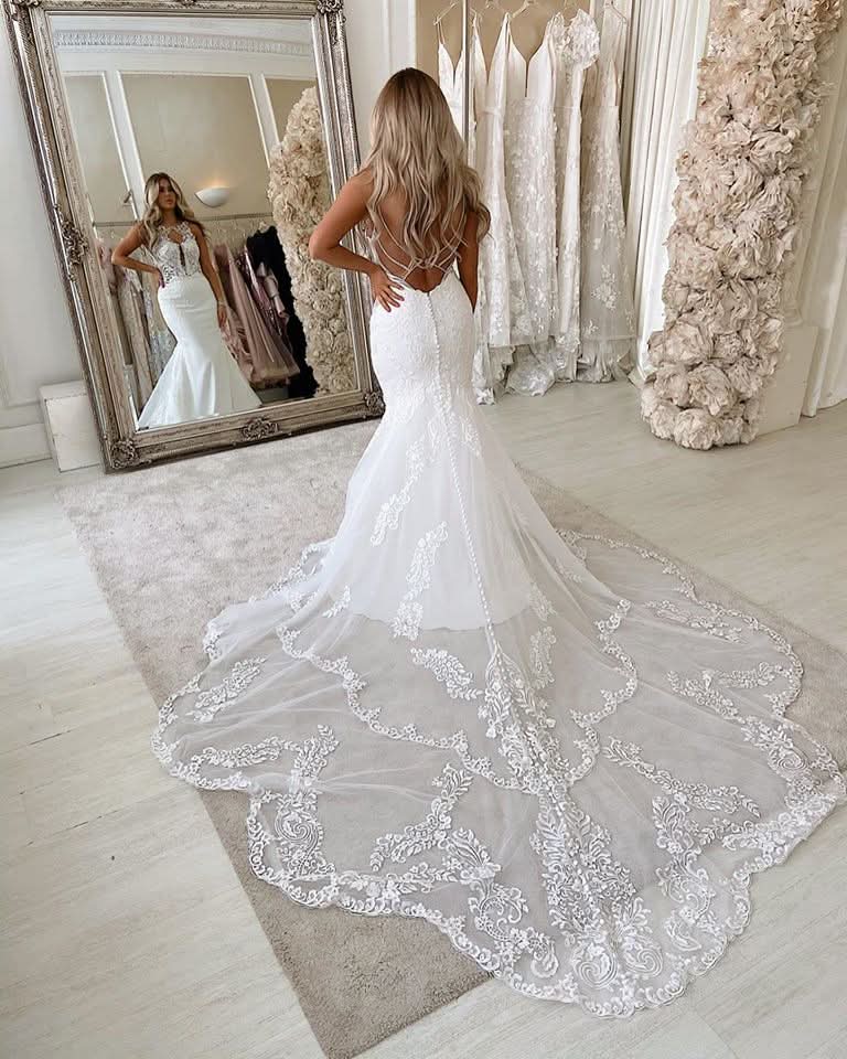 Spaghetti Strap Satin Backless Long Mermaid Wedding Dress with Lace BM bride