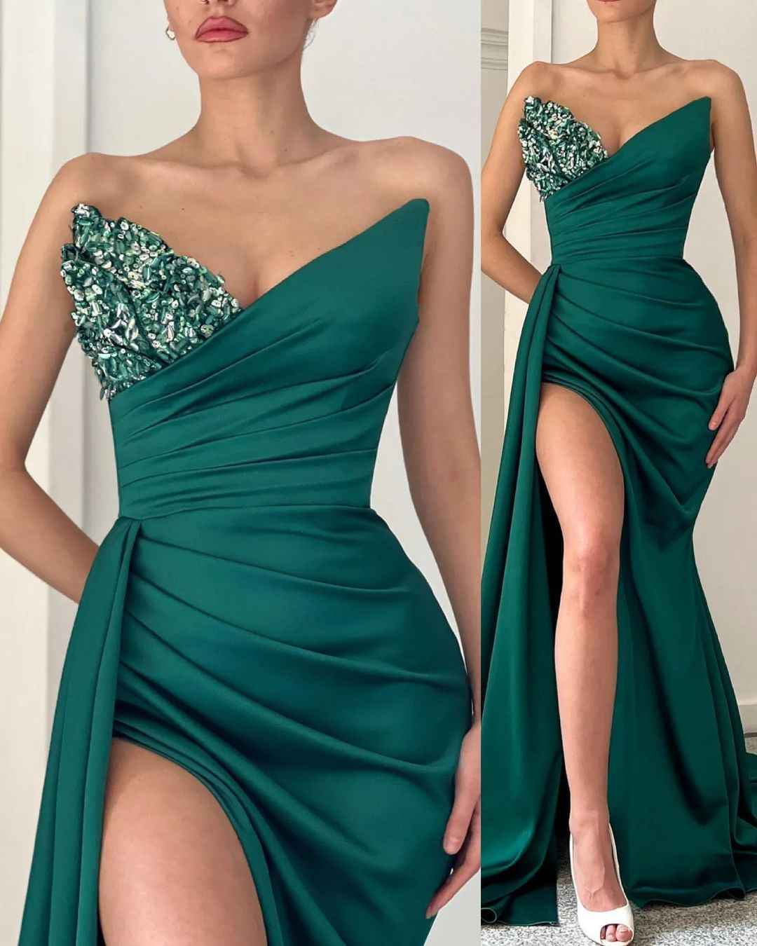 Rhinestone Strapless Sleeveless High Slit Mermaid Prom Dress