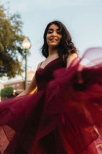Burgundy Spaghetti-Straps Prom Dress with Ruffles BM bride