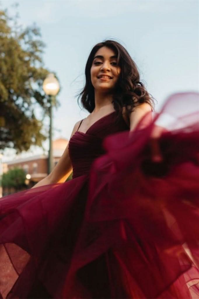 Burgundy Spaghetti-Straps Prom Dress with Ruffles BM bride