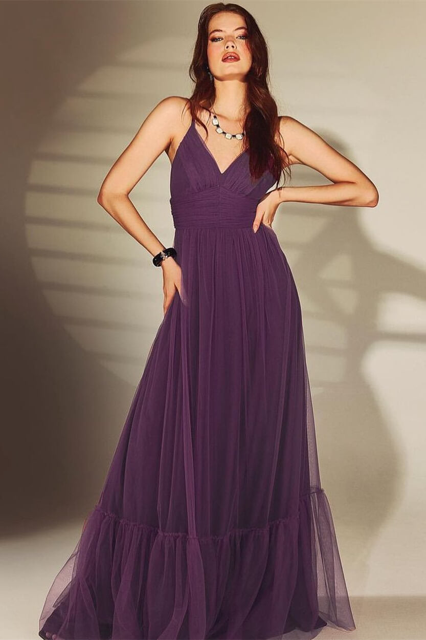 Shine Dark Purple V-Neck Spaghetti-Strap Evening Dress Online BM bride