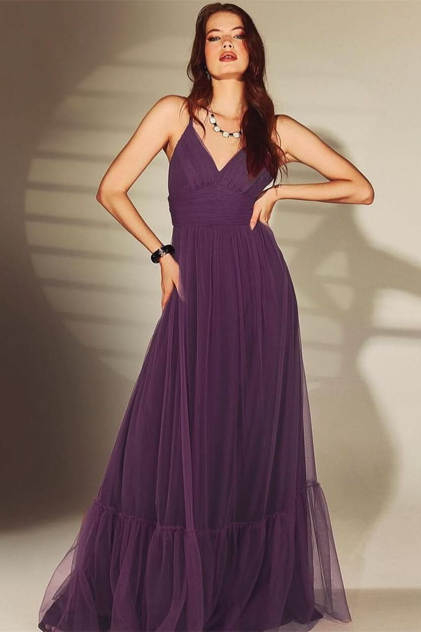 Shine Dark Purple V-Neck Spaghetti-Strap Evening Dress Online BM bride