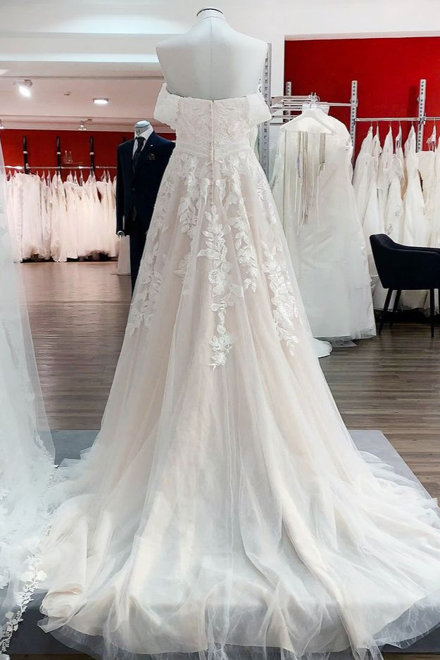 Sleeveless Off-the-Shoulder Long A-Line Wedding Dress with Tulle Lace Appliques BM bride