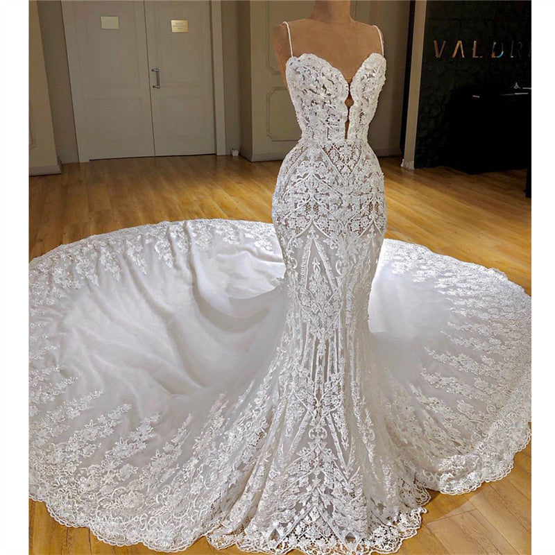 Spaghetti Strap Mermaid Wedding Dress with Lace Appliques BM bride