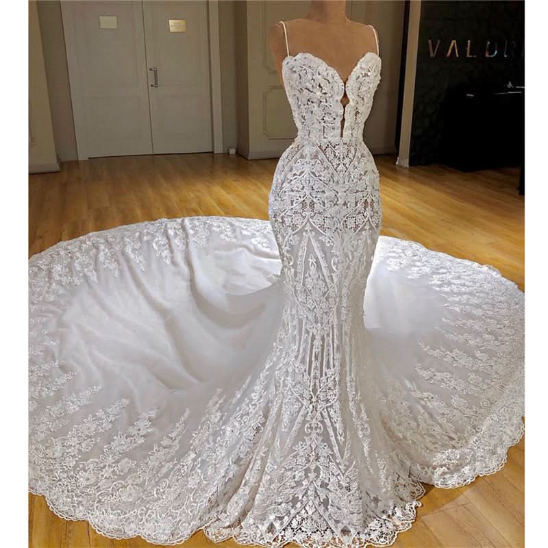 Spaghetti Strap Mermaid Wedding Dress with Lace Appliques BM bride