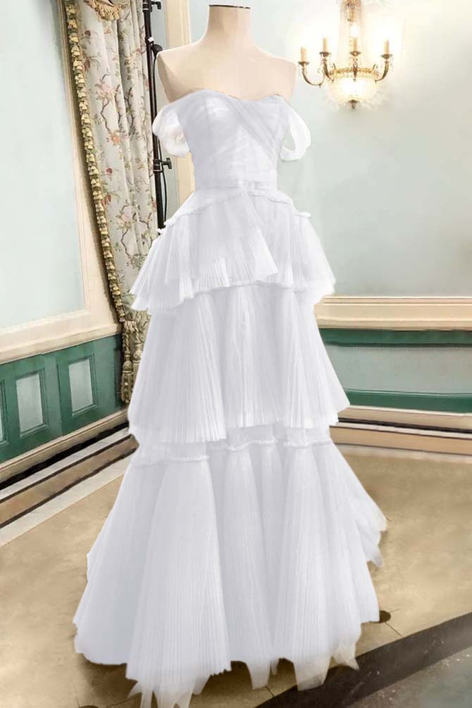 Strapless Off the Shoulder Sleeveless Long Prom Dress With Tulle BMBRIDE