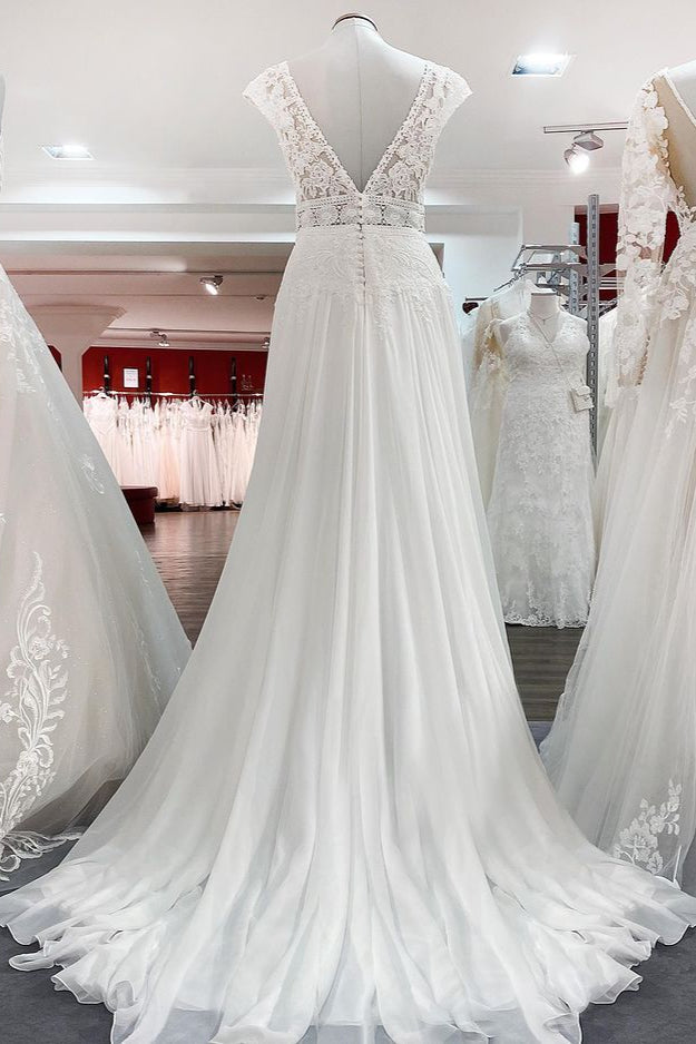 V-Neck Long A-Line Tulle Wedding Dress with Lace Appliques BM bride