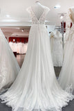 V-Neck Long A-Line Tulle Wedding Dress with Lace Appliques BM bride