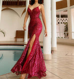 Sexy Red Sleeveless Sequined Spaghetti Strap Evening Dress BM bride