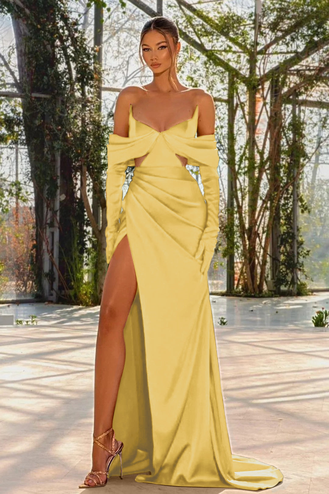 Off the Shoulder Prom Dress Red Half Sleeves With Slit Pleated Gloves BMBRIDE