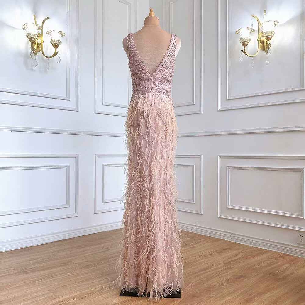 Chic V Neck Feather Appliques Sleeveless Bead Embroidery Blushing Pink Long Prom Dress