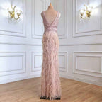 Chic V Neck Feather Appliques Sleeveless Bead Embroidery Blushing Pink Long Prom Dress
