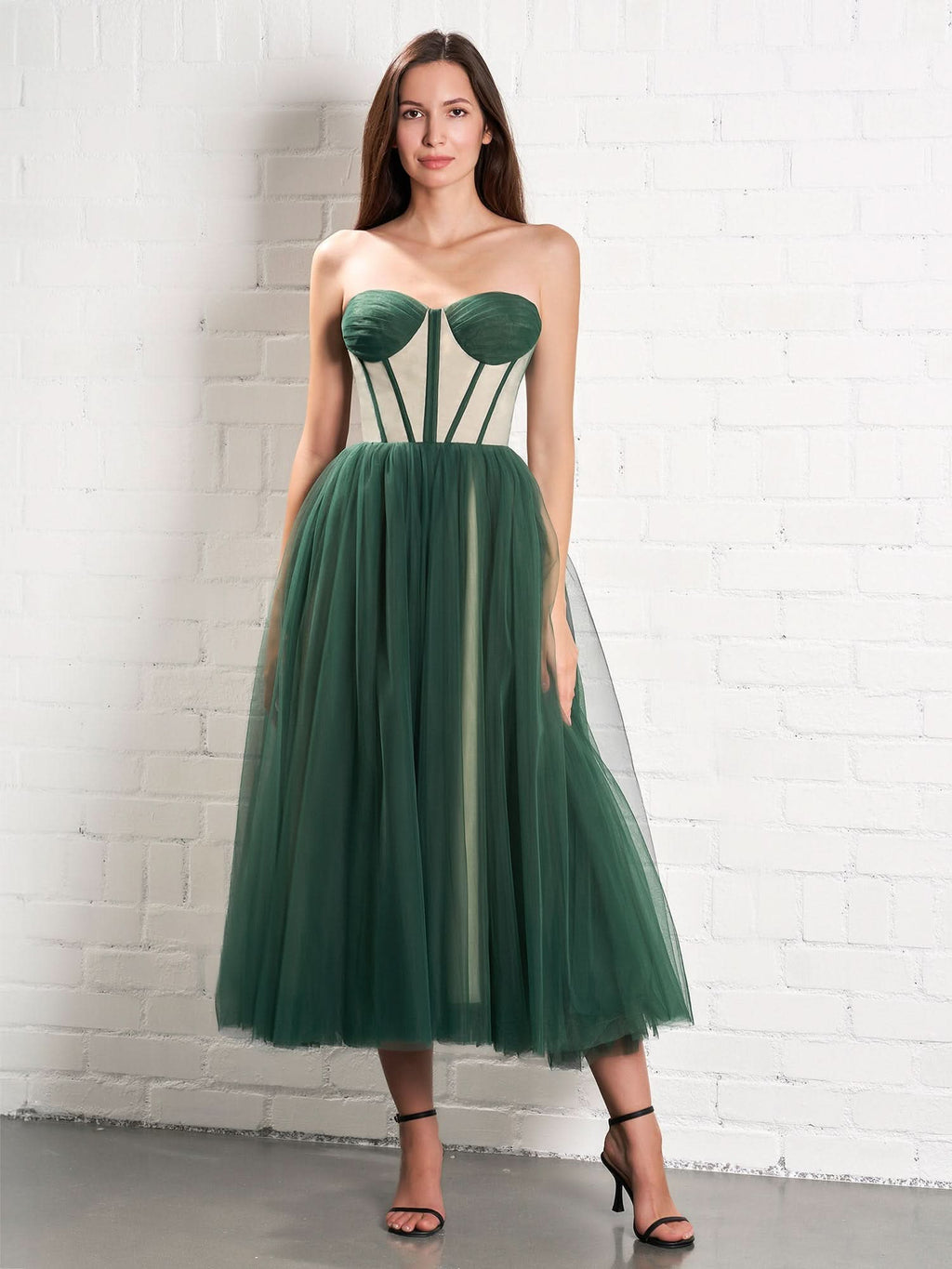 Stylish Strapless Puffy Midi Tulle Dress BM bride