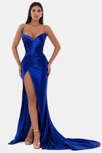 Sexy Royal Blue Prom Dress V Neck with High Slit Pleated Strapless Sleeveless BM bride