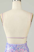 Sparkly Purple Spaghetti Straps Backless Short Tight Homecoming Dress with Sequins