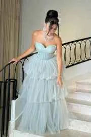 Shinning Tulle Strapless Sweetheart Sleeveless Long Prom Dress